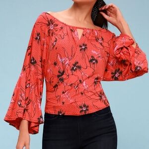 Free People Last Time Orange Print Surplice Bell Sleeve Crop Top Size Medium